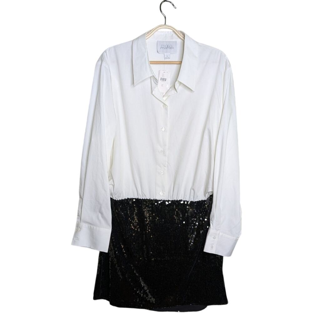 NEW Anthropologie Mare Mare Buttondown Sequin Twofer Mini Dress XL Black White C